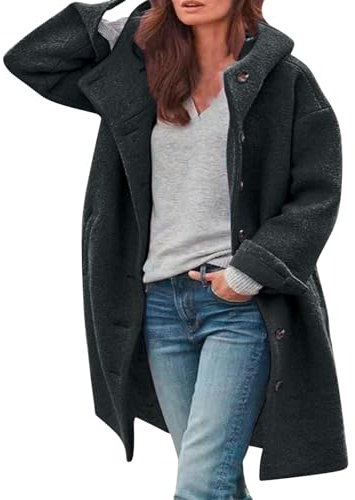 HOOUDO Trench Coats for Women Winter Casual Wool Pea Coat Jackets Ladies Casual Loose Jacket Windproof Windbreaker Outwear with Pockets