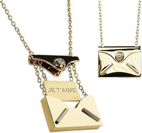Zinello Design Collier femme plaqué or 18K, pendentif enveloppe à message secret « Je t’aime », zircon, chaîne réglable 45+5 cm – Idée cadeau Saint-Valentin/anniversaire, coffret - TILOVE