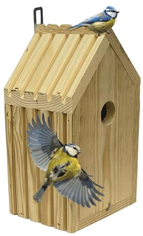 MODO24 Meisen Nistkasten aus FSC® Holz mit 2,8 cm Einflugloch, Vogelhaus Blaumeisen & Kleinvögel, Brutkasten mit Reinigungsklappe & Futterhaken für Garten & Balkon, 26×15×12 cm, Farbe: Natur