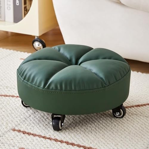Taburete rodante de 360° con asiento de piel sintética suave, silla redonda baja con ruedas para el hogar, jardín, oficina, garaje, fitness, diseño cómodo y duradero