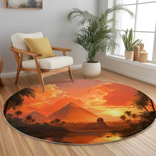 Fantasy Round Rug 150cm for Living Room, Yellow Washable Soft Circle Bedroom Rug, Beauty Plants Pyramids Printed Indoor Circular Carpet for Office Dining Room Under Table