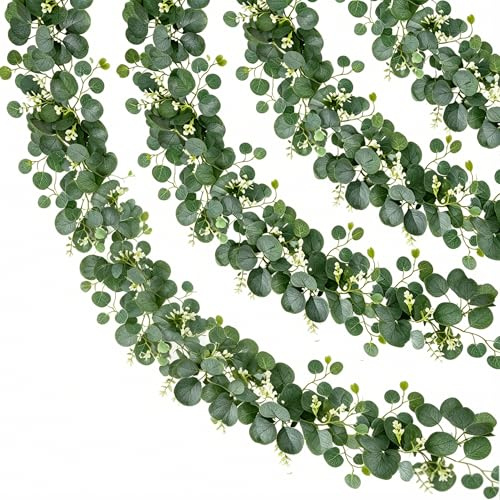 ROLLWAY 4 Stück Eukalyptus Girlande Künstliche Efeu Girlande Tischdeko 1,8m | Eucalyptus Pflanze Hängend Grüne Blätter mit Weiße Blumen für Tisch Bogen Hochzeit Taufe Konfirmation Weihnachten Party Deko