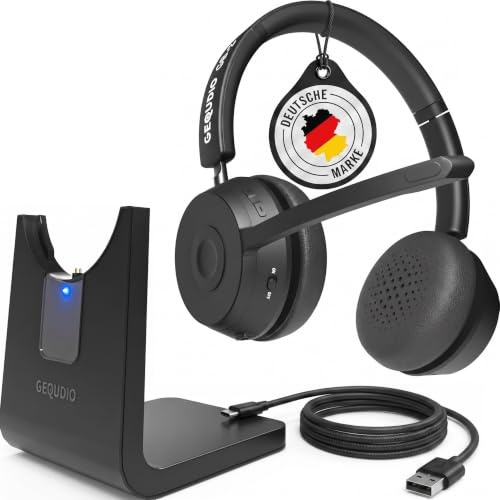 GEQUDIO Berlin - Cuffie Bluetooth con microfono, senza fili, per PC, Mac e laptop, con stazione di ricarica, multipoint e 500 ore di standby, per casa e lavoro (con stazione di ricarica)