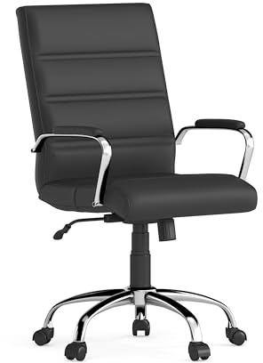 Flash Furniture Whitney Mid-Back Swivel LeatherSoft Desk Chair with Padded Seat and Armrests, Adjustable Height Padded Office Chair, Black
