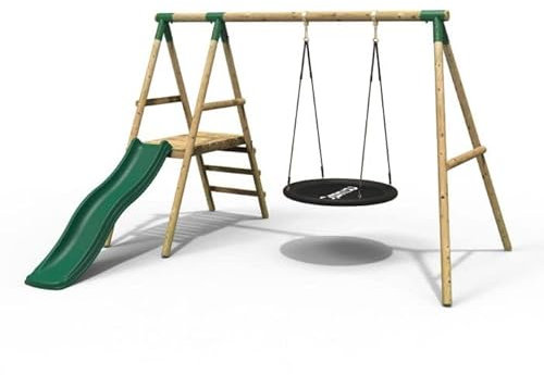 Rebo® Wooden Swing Set with Platform and Slide - Rosetta | OutdoorToys | Nest Swing Seat, Kids' Outdoor Wooden Play Equipment for Gardens, Frame and Accessories Included, Weather Resistant