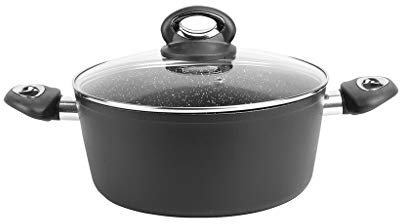 Sitram 711707, Faitout Granité diam. 24 cm en aluminium forgé revêtement noir anti-adhérent sans PFOA - aspect pierre - couvercle en verre - tous feux dont induction