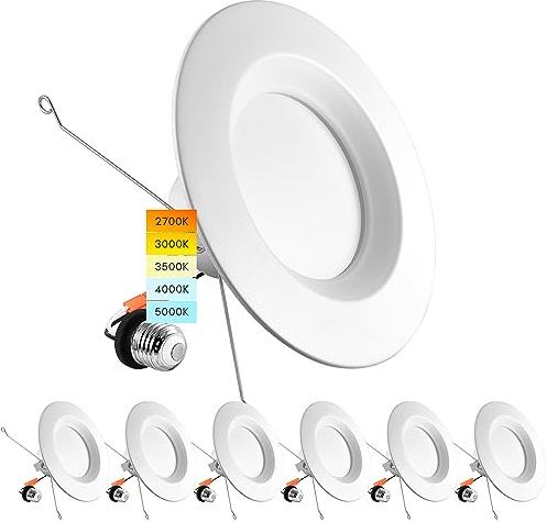 LUXRITE 5/6 Inch LED Recessed Retrofit Downlight, 14W=90W, CCT Color Selectable 2700K | 3000K | 3500K | 4000K | 5000K, Dimmable Can Light, 1100 Lumens, Wet Rated, Energy Star, Smooth Trim (6 Pack)