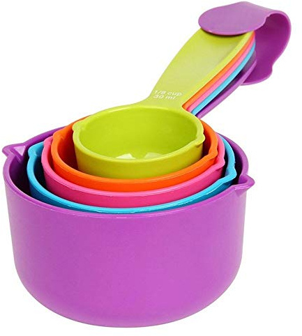 Set 5 tasses doseuses mesure cuisine plastique mesures mixtes pour ingrédients liquides poudre sec grammes ustensiles couleurs variées aléatoires accessoires dosage précis cadeau utile pâtisserie