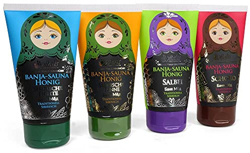 4er Set> Vitalis Banja Saunahonig-Creme 120ml Tube Sibirische Fichte, Sibirische Tanne, Salbei und Schoko