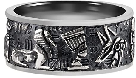 Vintage Schwarzer 925 Sterling Silber Ägyptischer Ring Bandring Geprägter Ankh Anubis Horus Skarabäus Pharao Sphinix Sonne für Herren Damen Größe 56-70