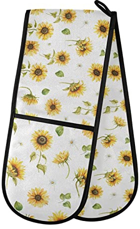 Seamless Yellow Watercolor Sunflowers with Green Leaves on White Double Oven Mitt Gloves Extra Long Potholder High Heat Resistant for Baking Cooking Baking Grilling Handling Hots Pans 35x7