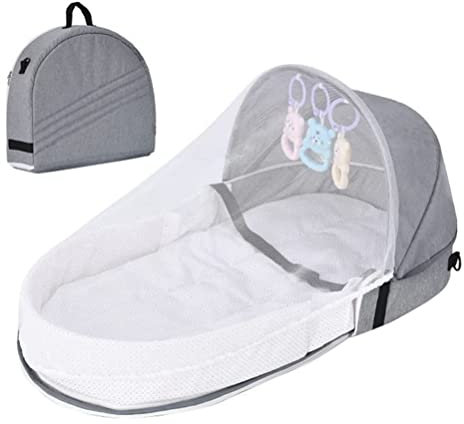Upgrade Travel Bassinet - Folding Portable Bassinet with Mosquito Net and Awning, in Bed Bassinet for Baby,Portable Baby Bed for Camping,Easy to Fold and Lightweight,Washable,Grey