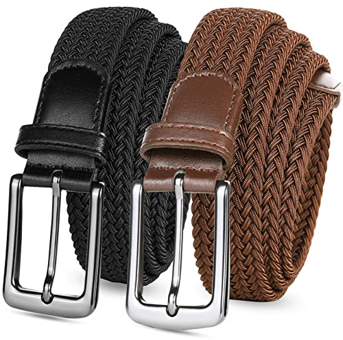 Golf Ceinture Unisex Elastic Tressé Ceinture pour hommes et femmes 2 Pack, Vintage Tissu Élastique Tissé Tressé Extensible pour Jeans Golf Sports (45''(115cm)Fits Waist 38''-42'', Noir+Marron)