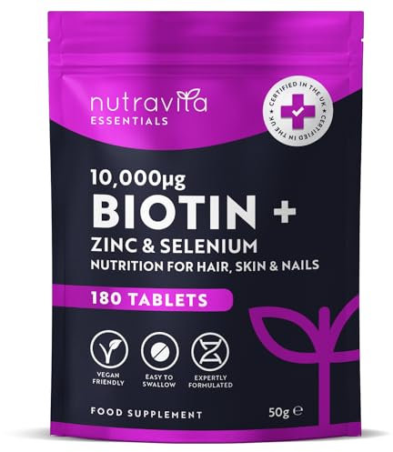 Nutravita Biotin Hair Growth Supplement 10,000mcg - Scientifically Proven to Maintain Normal Hair Skin & Nails - 180 High Strength Vegan Tablets with Zinc & Selenium - Biotin Vitamins for Women & Men