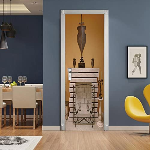 A.Monamour Türtapete Selbstklebend Türfolie Türposter 3D Kaminsims Kamin Kamin Feuer Herd Rost Vintage Vinyl Folie Türdeko Tapete Wandbild Türaufkleber Türtattoo 77x200cm