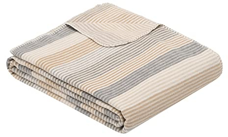 Ibena leichte Decke Almada 150x200 cm - Sommerdecke aus Baumwollmischung beige gestreift, anschmiegsam und weich