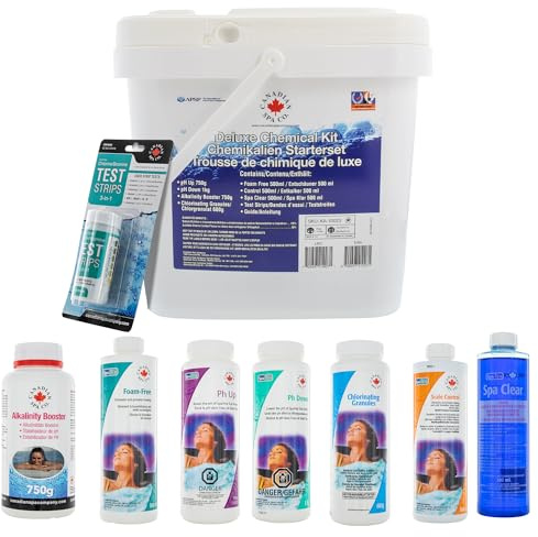 CANADIAN SPA CO. Wasserpflege Set Deluxe 8-teilig mit Chlorgranulat, pH Heber und Senker, Alkalinität Heber, Schaum Entferner, Kalkentferner, Hot Tub Klar und Teststreifen, Poolpflege Set