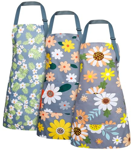 Heyu-Lotus 3 Stück Blumenschürzen wasserdicht Damen Schürzen mit Tasche | verstellbar,blühende,Damenschürzen,Kochschürzen,für Küche,Garten und Salon