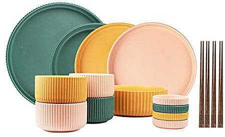 Service de Vaisselle 17 pièces Service de Table en Porcelaine colorée avec Assiette à dîner Assiette à Dessert Bol à Salade Baguettes