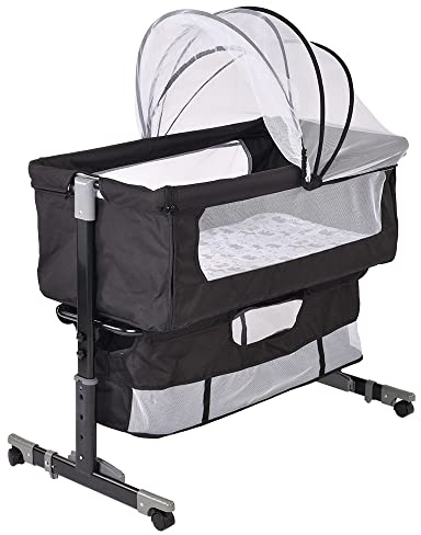 RELOVE Cododo Wiege, Schaukelbett Kinderbett mit Matratze und Moskitonetz, 2-in-1 für Babys von 1 bis 36 Monaten, klappbar, 2-in-1, Babywiege, mobiles Beistellbett (92 x 58 x 70 – 90 cm, schwarz)