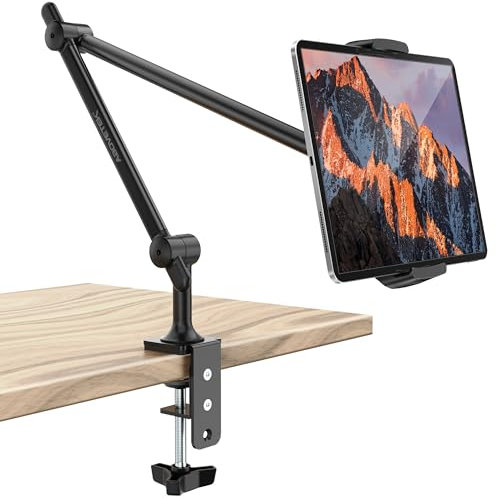 AboveTEK Hochwertige Tablet-Halterung, Verstellbare Tablet Ständer Arm mit 360°-Drehung für Schreibtisch und Bett, Handy-Ständer kompatibel mit 4,7-13,5 Zoll iPad Pro Air Mini Galaxy Tab - Schwarz