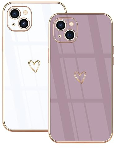 Lonrapa 2 Stück iPhone 14 Handyhülle Süße Herz Muster Motiv Hülle für Mädchen Frauen Farbe Galvanisierte Weich TPU Bumper Silikon Stoßfest Schutzhülle iPhone 14 6,1 Zoll Case Cover - Weiß & Lila