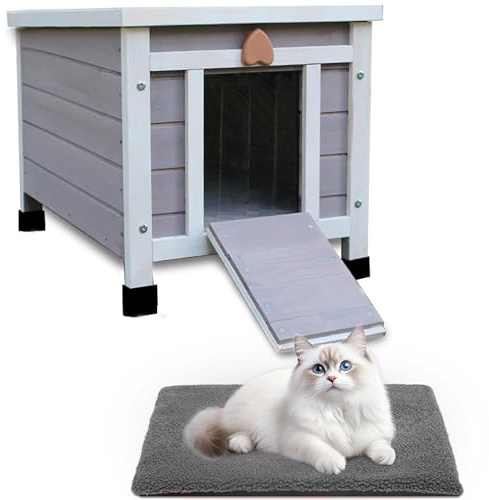 Rockever Outdoor Cat House with Soft Mat, Waterproof cat House for Feral Cats Rabbit Hutch Small, Wooden Small Pet House and Habitats-Grey with Mat