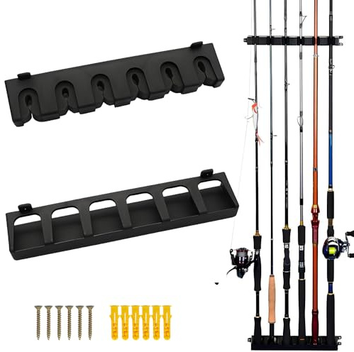Wuzdy Wand Angelrutenhalter, Vertikaler Angelrutenhalter für 6 Ruten, EVA-Schaum + ABS, Schwarz, 6.5cm x 31.5cm x 2.56cm, Wandmontage, Angelruten aller Art, Garage, Aufbewahrung