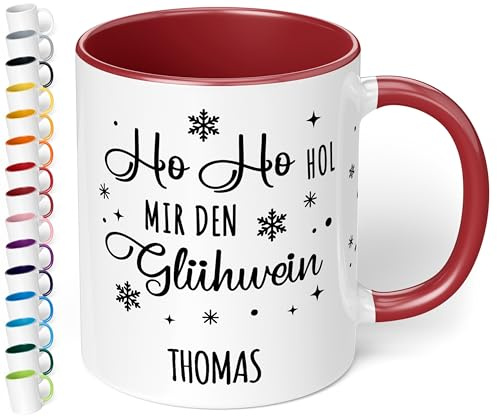 True Statements Lustige Weihnachtstasse mit Namen „Ho Ho hol mir den Glühwein“ - 330ml - personalisierter Keramik Kaffeebecher mit Spruch – Geschenk zu Weihnachten (Bordeaux)