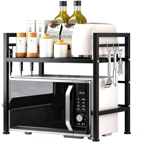 Multibao Expandable Microwave Rack Shelf, 2 Tier Oven Rack Stand Holder Kitchen Corner Shelf Desktop Printer Shelf Rack, Bakers Rack, Air Fryer shelf Stand,Storage Solution Organiser (Black)