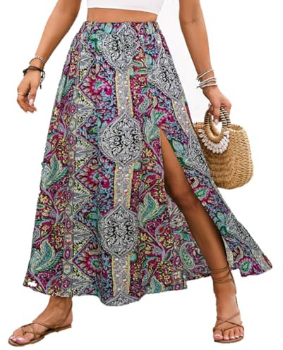 ABINGOO Mujer Bohemio Maxi Falda Verano Cintura Alta Elástica Playa Impreso Maxi Falda A-Line Casual Larga Falda con Ranura(Morado,XL)