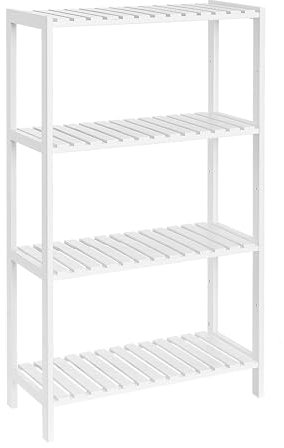 SONGMICS Badezimmerregal, Badregal, Küchenregal, Schuhregal mit 4 Ebenen, Standregal aus Bambus, 26 x 60 x 100 cm, für Bad, Wohnzimmer, Flur, Küche, wolkenweiß BCB034W01