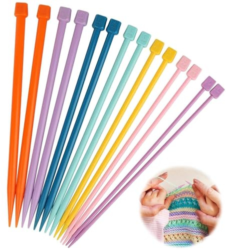 BRITECO 14Pcs Short Knitting Needle Set 25cm/9.8in - Kids Knitting Starter Kit, Plastic Single Pointed Knitting Needles for Beginners, Yarn Knitting Craft Supplies
