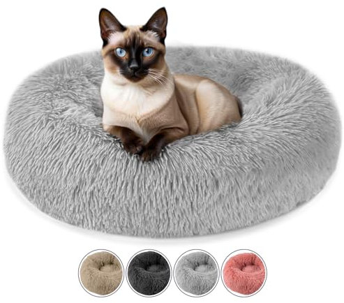 ELYF Plush Donut Cat Bed for Indoor Cats (50cm) - Calming Dog Bed Self-Warming Round Pet Cushion with Anti-Slip, Waterproof Base & Reversible Design, Machine Washable - Grey