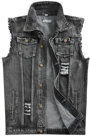 NASKY Men's Fit Retro Ripped Denim Vest Sleeveless Jean Vest and Jacket, Dark Grey, XX-L