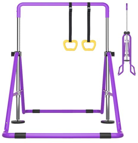DOBESTS Folding Gymnastics Bar, Adjustable Height Kip Horizontal Bar | Stable Triangle Structure, 5-Level Adjustable Height & Rings/Buffering Gym Mat, Easy Assembly, Suit for Home Indoor Outdoor