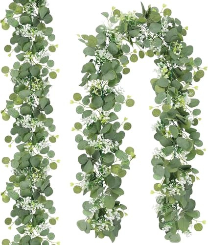 N&T NIETING Konstgjorda Eukalyptusblad Girlang, 2 Stycken 150 cm Gröna Vinrankor Med Vita Blommor, Hängande Murgröna för Bröllop Båge Bakgrund Home Table Indoor Outdoor Decor