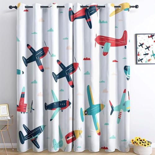 EXSANLIEAY Verdunklungsvorhänge Flugzeug, Vorhang Blickdicht Karikatur Vorhänge mit öSen 2er Set für Schlafzimmer Kinderzimmer, Deko Gardinen Wohnzimmer - B132 x H160 cm