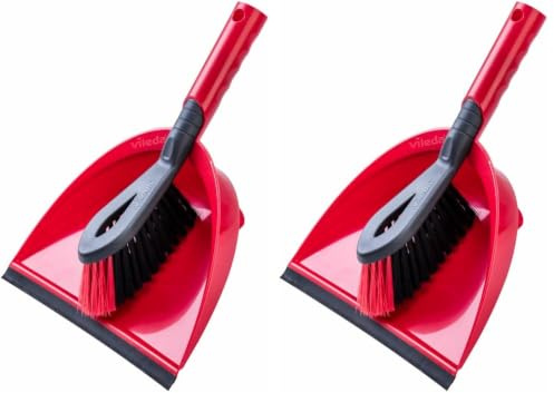 Vileda 2in1 Kehrset mit extra Borsten für Sauberkeit in den Ecken, Handfeger & Kehrschaufel, Farbe Rot, 2er Pack