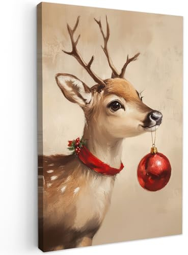 MuchoWow© Weihnachtsdeko Leinwand Bilder Wanddeko Wohnzimmer | 40x60 cm - Weihnachtsgeschenke Deko Zimmer Wandbilder Modern Bild auf Geschenk Weihnachten - Hirsch - Geweih