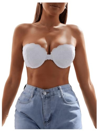 GORGLITTER Women's Strapless Underwire Front Fastening Bras | Scalloped Lace Bandeau Bras, Push Up, High Support, Strapless, Clear Straps Bra for Summer, Dress, Wedding