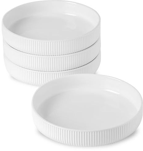 UBEE 8.5 inch Ceramic Pasta Bowls Set of 4, Big Salad Bowl, Large Dinner Plates, Microwave and Dishwasher Safe Ribbed Serving Bowls, White