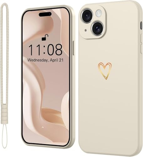 Mitetabo für iPhone 15 Hülle Silikon mit Gold Liebesherz, Mädchen Handyhülle iPhone 15 Case Weich Slim Stoßfest Kratzfeste Süßes Gold Love Schutzhülle für iPhone 15 6.1 Weiß