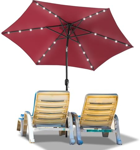 Fiqops Sonnenschirm LED Solar Ø 350 cm Rot mit Kurbel | Ampelschirm Gartenschirm Sonnenschutz UV Schutz 50+ | Kurbelschirm Marktschirm wasserdicht für Garten, Balkon, ohne Ständer