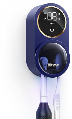 Bitvae Upgraded Tooth Brush Holder for Bathroom 2.0, Infrared Sensing Toothbrush Cleaner, Wall-Mounted for Most Size Toothbrushes, Air Drying, LED Smart Screen, Navy Blue
