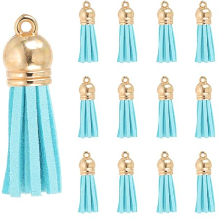 PATIKIL 30 Stück 38x10mm Hellblau Gold Leder Quasten Anhänger | Mit Metallkappen, Für Handtaschen Taschenanhänger Handykette Ohrringe Halskette Schlüsselanhänger Basteln Schmuckherstellung