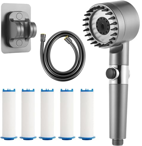IETWATE Pommeau de Douche Haute Pression: Pommeau de Douche Anti Calcaire avec 5 Modes Jets, Pommeau de Douchette Filtrant Sans Perçage, Pommeau de Douchette avec Tuyau et Cartouches Remplaçables