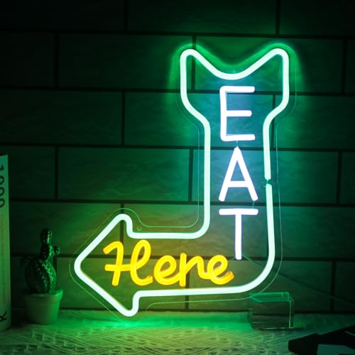 Eat Here Neon Sign with Arrow Guidance for Bar Restaurant Kitchen Decor | Dimmable Kitchen Neon Signs for Wall, Diner Neon Light, Acrylic Business Open Sign, USB Powered, Eat LED Sign, Easy to Hang