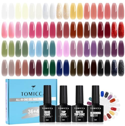 TOMICCA Gel Nail Polish Set 36 Colours | with 4PCS Base Top Coat & Blooming Gel Polish, UV/LED Soak-Off Nail Art Manicure Pedicure for Professional, Salon & Home Use, Jelly Collection Kit, 8ml