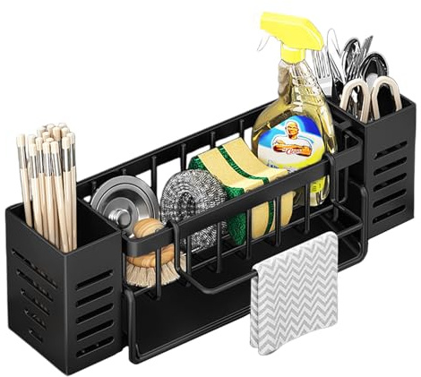 Ziyonix Spülbecken Organizer Kitchen Schwammhalter, Küchen Spüle Sink Organizer mit Abnehmbarer Spültuchhalter und Aufbewahrungsbox, Schwammhalter Spülbecken mit Automatisch Abflusspfanne (Schwarz)